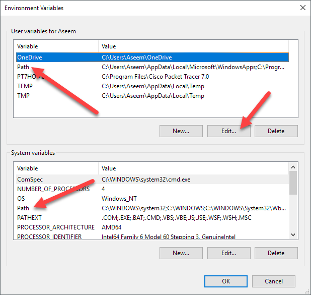 edit environment variables