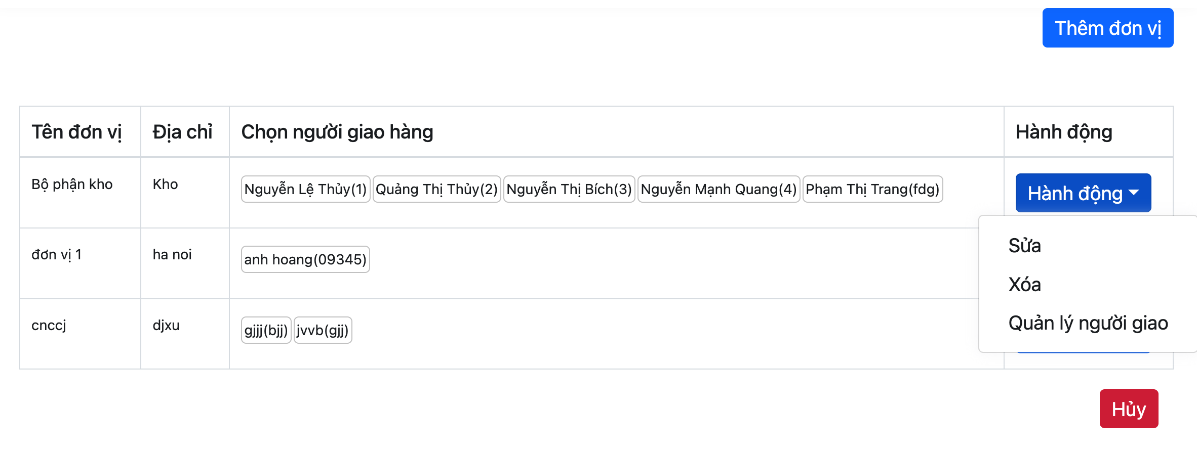 quan ly đon vi giao hang